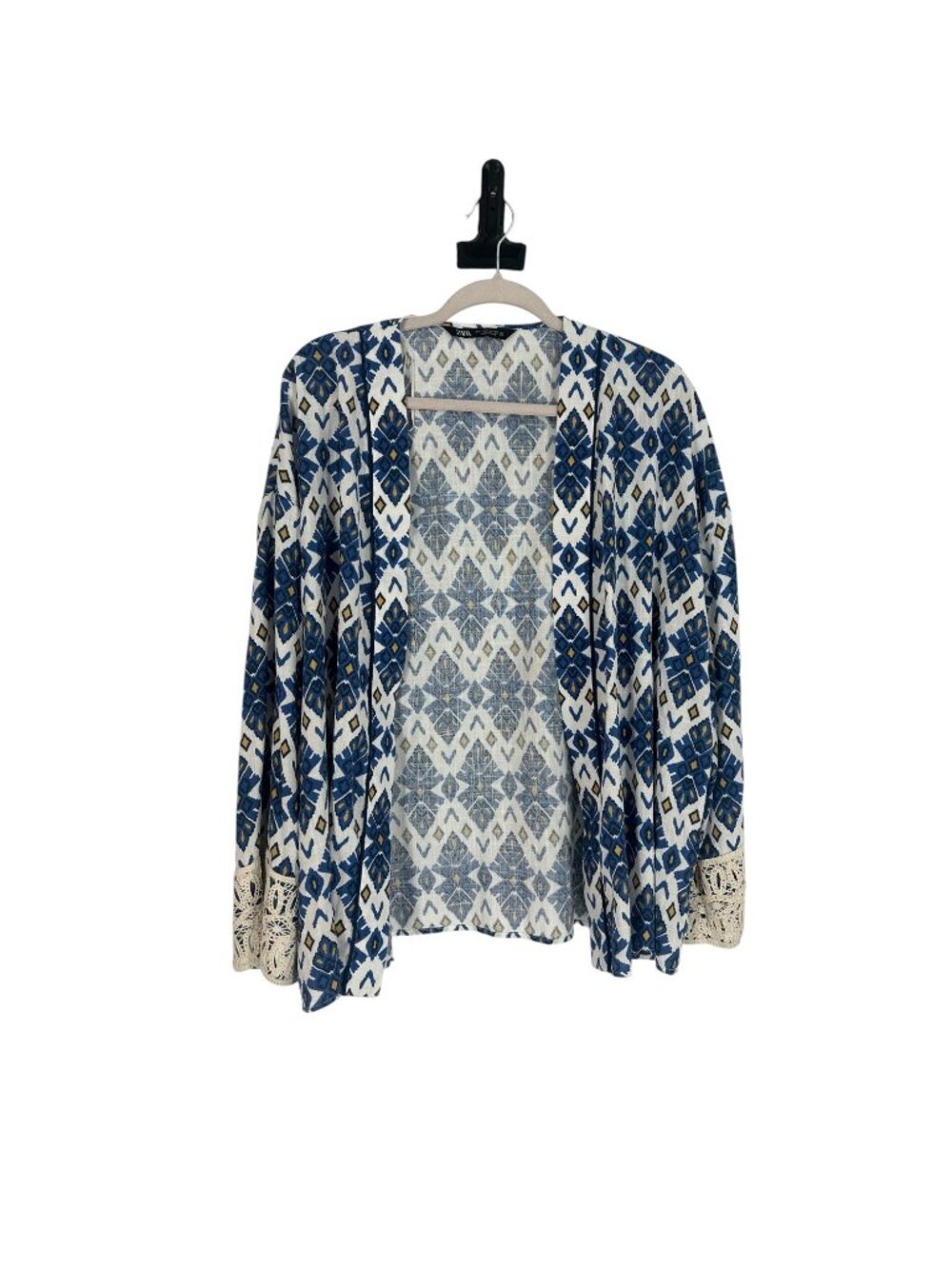 Zara Kimono Cardigan Large Blue Geometric Lace Trim Boho Open Front Cover Up